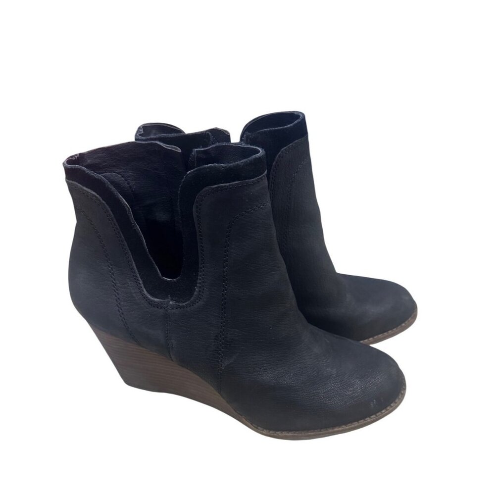 Lucky Brand Yenata Black Suede Leather Wedge Ankle Boots 10M Zip Western Boho